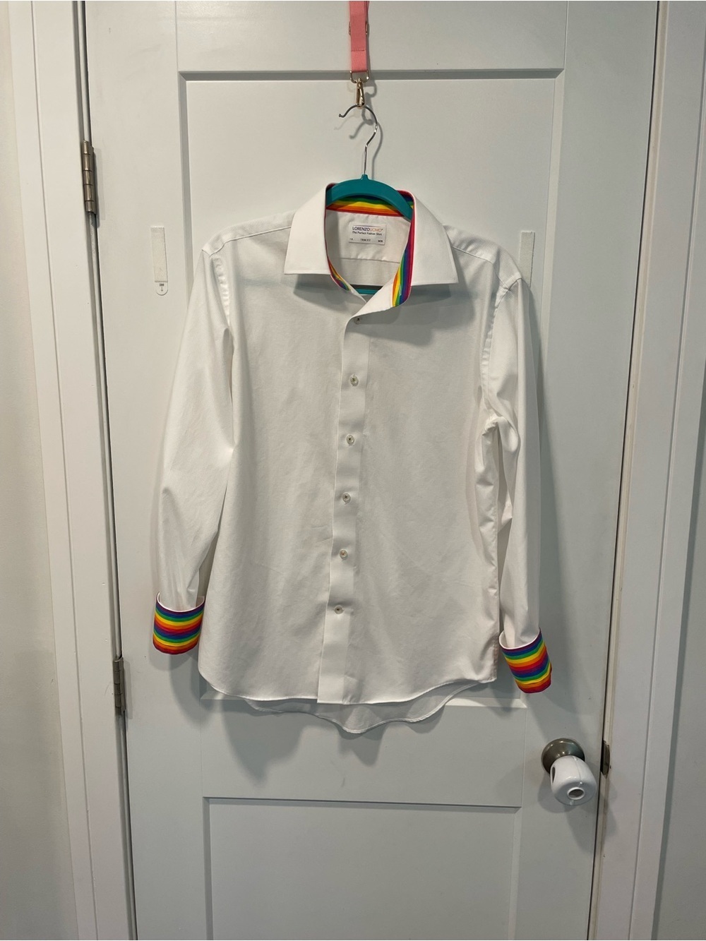 Lorenzo Uomo White Button Trim Fit Shirt w/Rainbow Collar and Cuffs 16 34/35